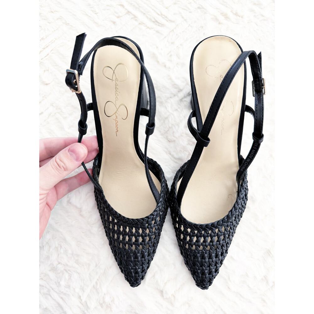 Jessica Simpson Nyara Black Woven Leather Slingback Pointed Heels Chic Classic - Picture 2 of 6